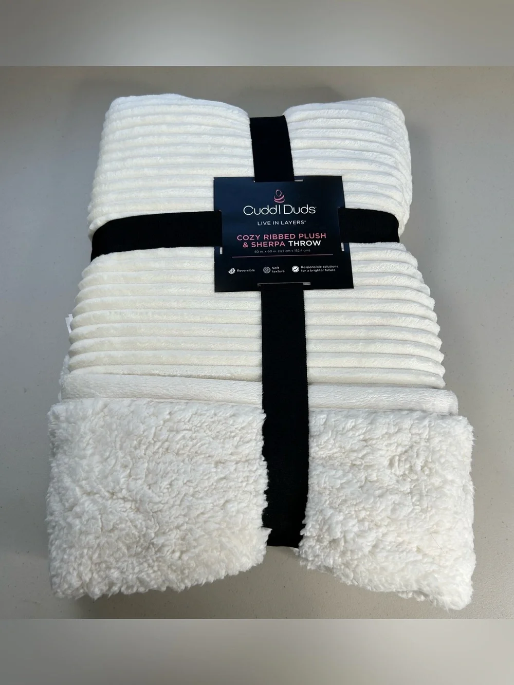 Cuddl Duds Cozy Ribbed Plush Sherpa Throw Blanket Reversible Ivory 50x60 New